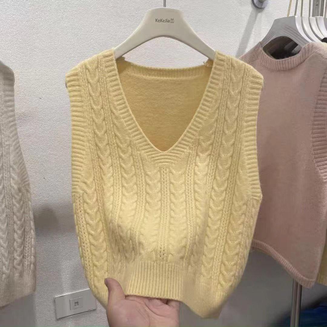 

Пуловер вязаный жилет V-образный вырез свободный осенний новый майка короткий свитер без рукавов топ с застежкой на плечо 2XL жёлтый