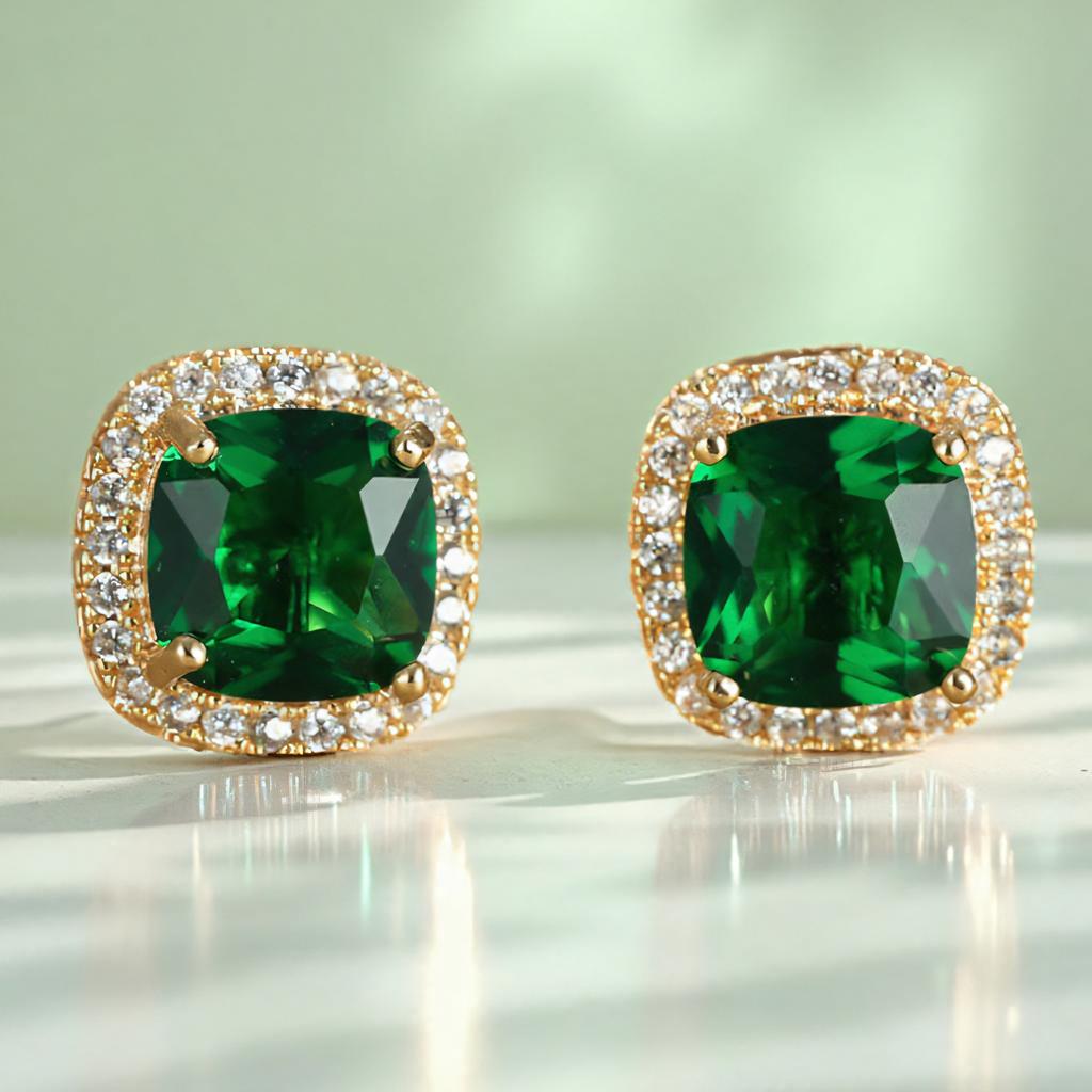 Female Luxury Green Crystal Zircon Stone Stud Earrings Vintage Gold Color Wedding For Women