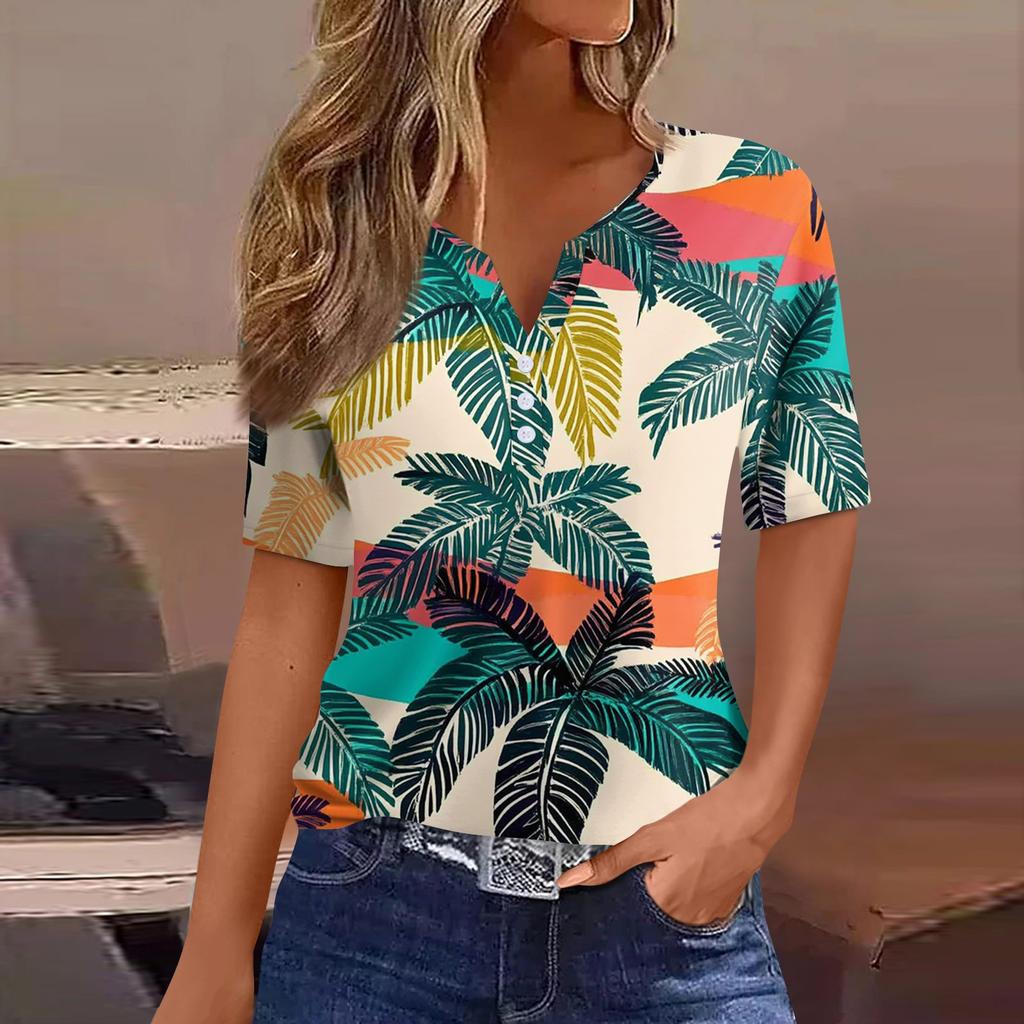 Women's T Shirt Print Button Short Sleeve Daily Weekend Fashion Basic V- Neck Regular Top