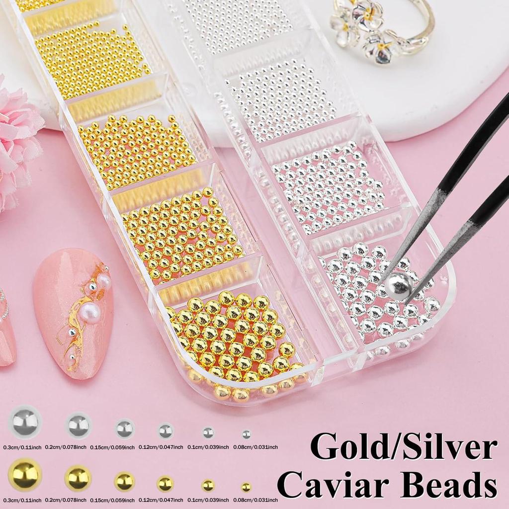 12-Grid Nail Art Set: Glass Rhinestones, Mini Steel Beads, Flat-Bottom Half Pearls for Decoration.