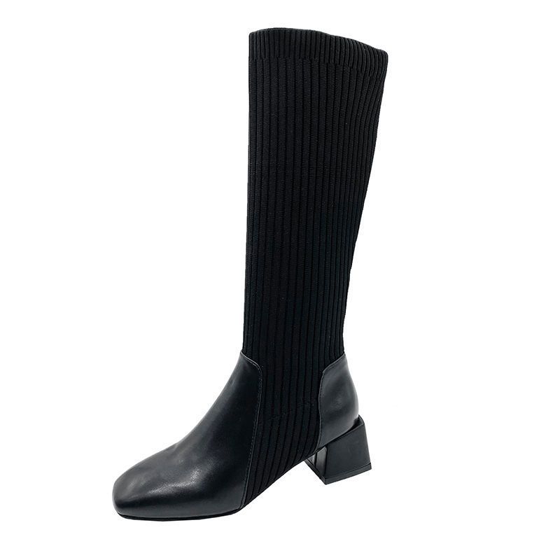 Socks Boots Elastic Thin Boots Soft Leather Retro Women's Spring and Autumn Thick Heel Medium Heel Knitted Thin Medium Tube But Knee Boots