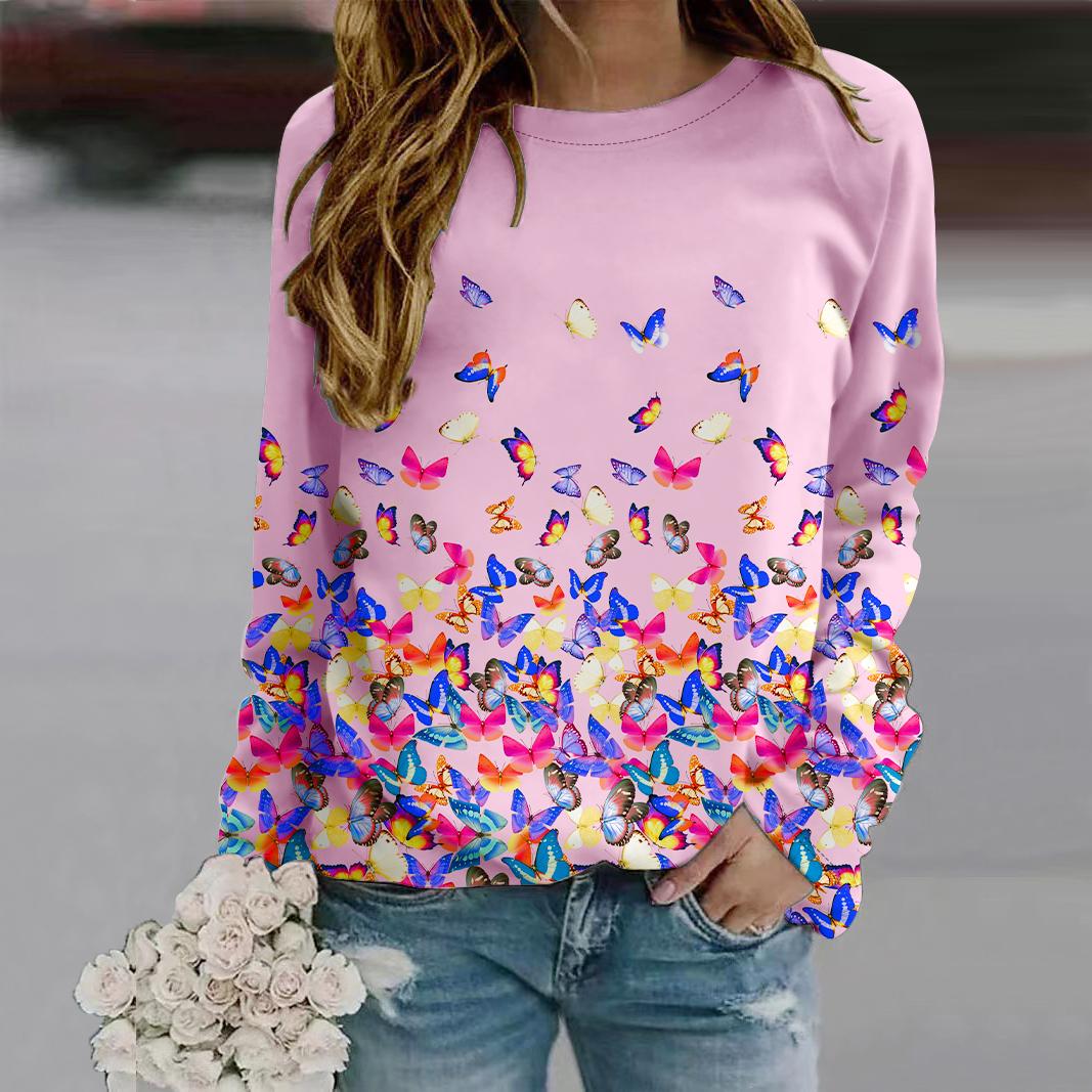 

Осенняя женская мода с круглым вырезом и длинным рукавом, свободная одежда, разноцветная футболка с принтом бабочек для девочек, уличная одежда 8XL розовый