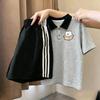 Girls' Trendy Patchwork Lapel T-Shirt & Polo Set - Short-Sleeve, Medium/Large, Versatile Two-Piece Summer Outfit