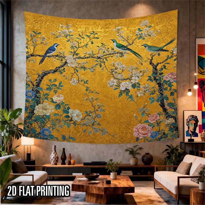 2D Flat - 2D Flat - 2D Flat Print 1pc Tapestry Golden Birds And Flowers Tapestry, Oriental Royal Style Home Decor Ideal Interior Decor for Bedrooms, L