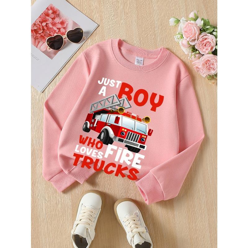 Unisex Crew Neck Fashion Sweatshirt , Just A Boy Who Loves Fire Trucks, Autumn And Winter Western Style Top, Casual Multi Colored Option For Little