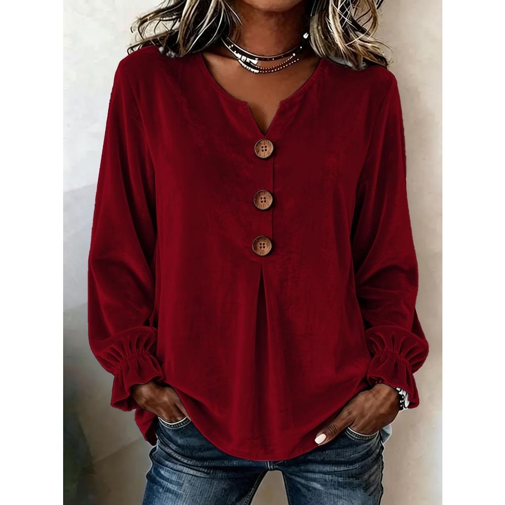 Fashion Velvet Long Sleeve Shirt, V Neck Button Down Blouse for Women