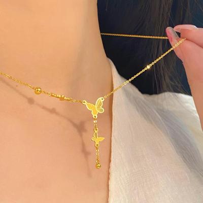 Golden Butterfly Tassel Necklace: Women's Versatile French Style, Elegant Niche Luxury Clavicle Chain.