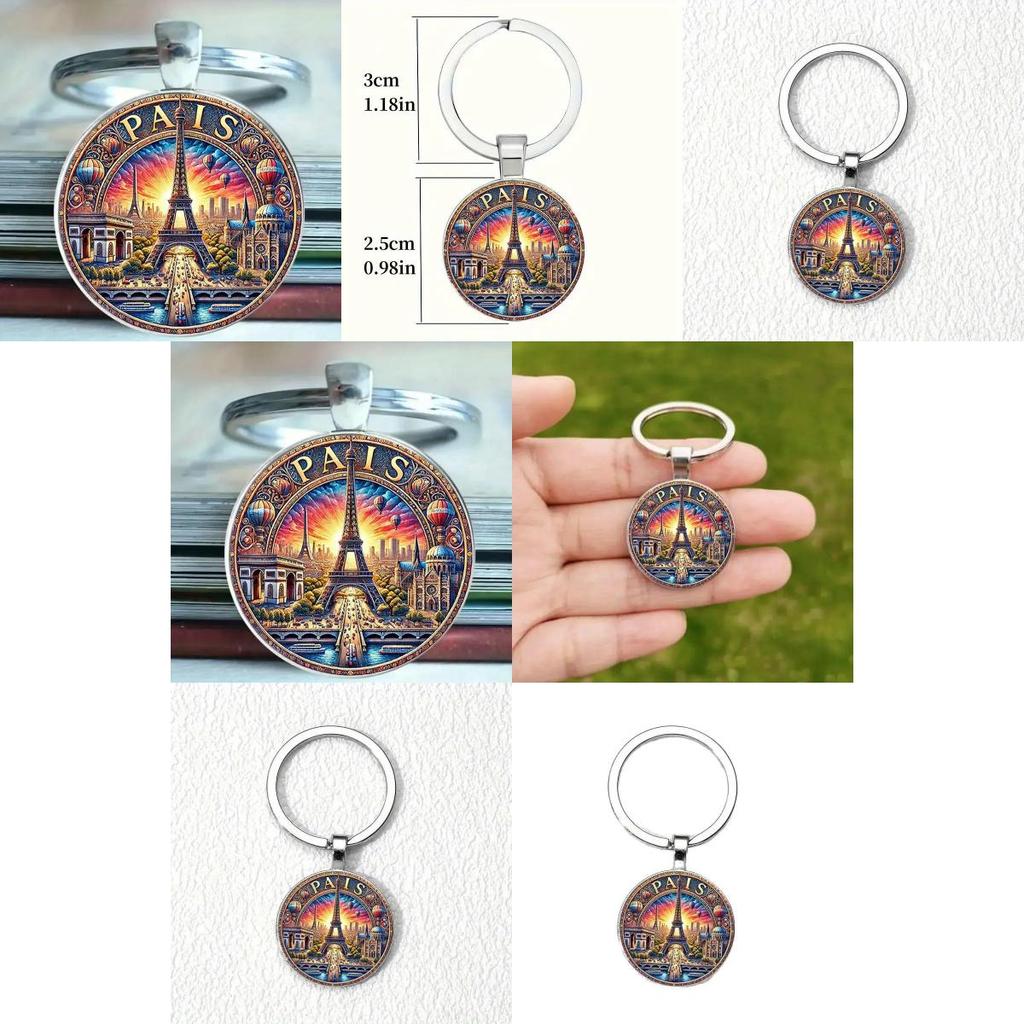Paris Dusk Scene Keychain With Glass Alloy Pendant For Gift And Decor