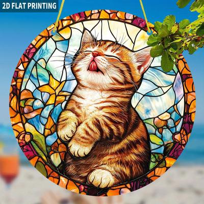 2D Flat, 1pc Cute Kitten Suncatcher, 19.99x19.99 Cm Round Acrylic Sign, Home Hanging Decoration Plaque, Suitable for Living Room, Bedroom, Office, Pet