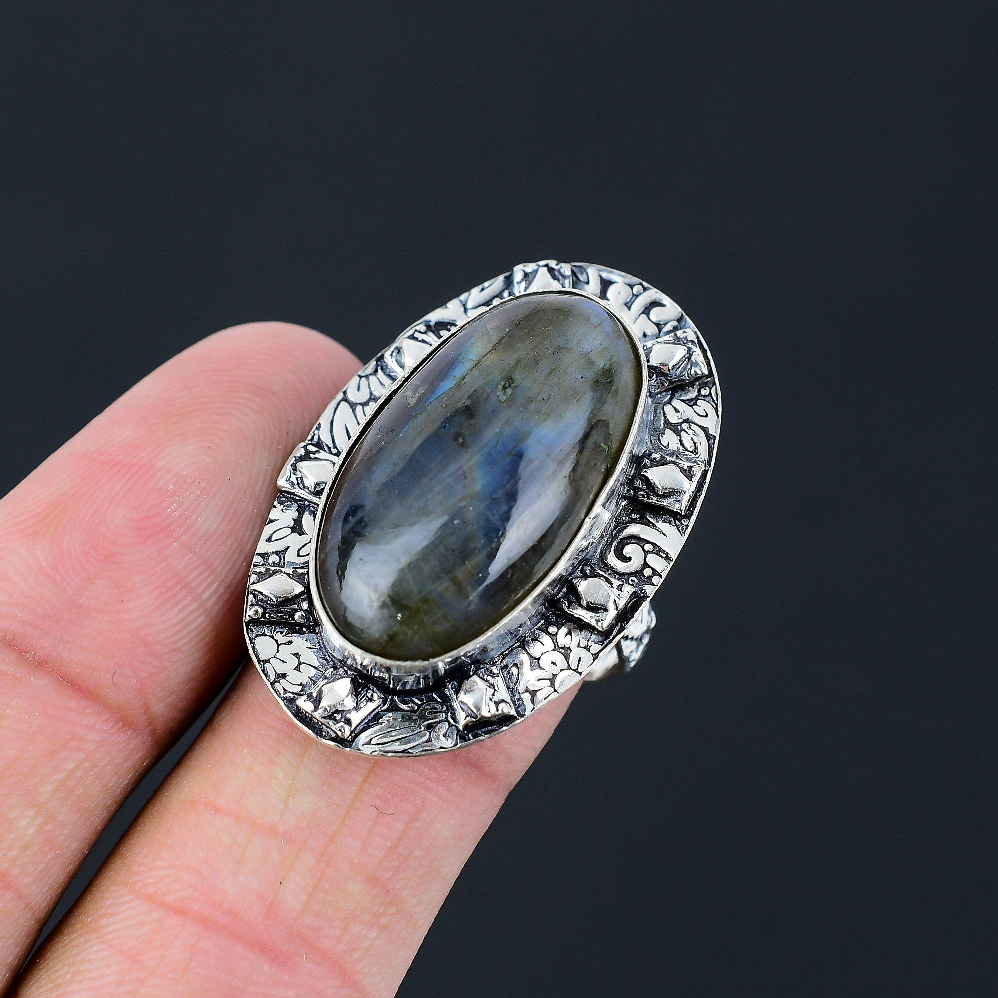 Daughters Day Sale Sterling Silver Oval Labradorite Gemstone Solitaire Ring US 9 9