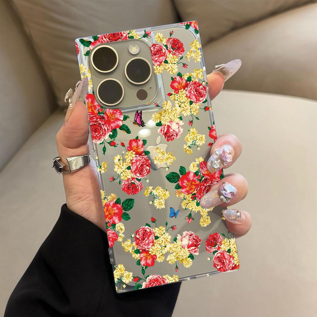 Square Back Tube Protection Clear Case For iPhone 12 14 Pro Max 15 Plus 11 13 16 ProMax Anti-Oxygen,Full Screen Peony Flowers Pattern Casing