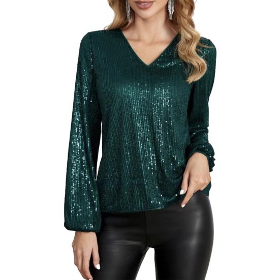 Women Tops V-Neck Lantern Long Sleeve Pullover Tops Loose Fit Solid Color Shiny Sequins Party Blouse Streetwear