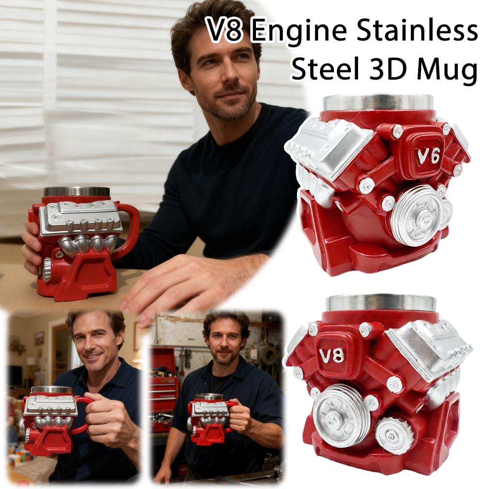 Retro Engine Coffee Mug,V8 Engines Stainless Steel Cup Personalized Double Wall Insulation Car Mug with Handle for Christmas