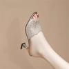 French niche temperament thick heel slippers sandals women's versatile comfortable rhinestone high heel cool slippers summer wear one-word drag