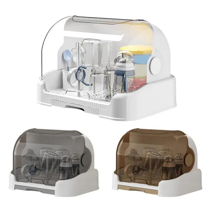Portable Baby Bottle Drying Rack & Organizer - Dustproof Storage Container with Removable Drip Tray, Hygienic Feeding Accessorie
