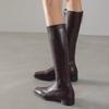 Sheepskin version fashionable retro square head leather boots new versatile and thin knight boots temperament women's boots