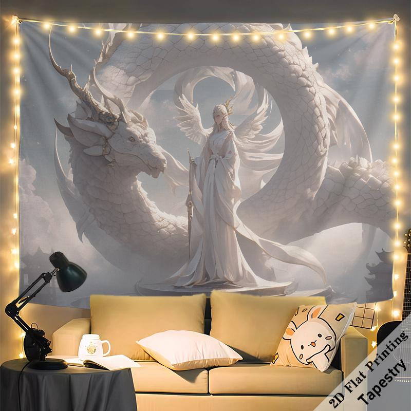 Großer Fantasy Drachen Engel Wandteppich Wandbehang Digitaldruck Dekor für Wohnzimmer Schlafzimmer 180x280cm