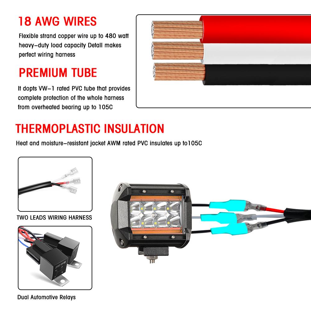 Firedrake LED Car Headlight Harness Switch Kit Off-road Vehicle Work Light Relay Cable Wire For Truck Boat 480W 16V 3m Wire Kit