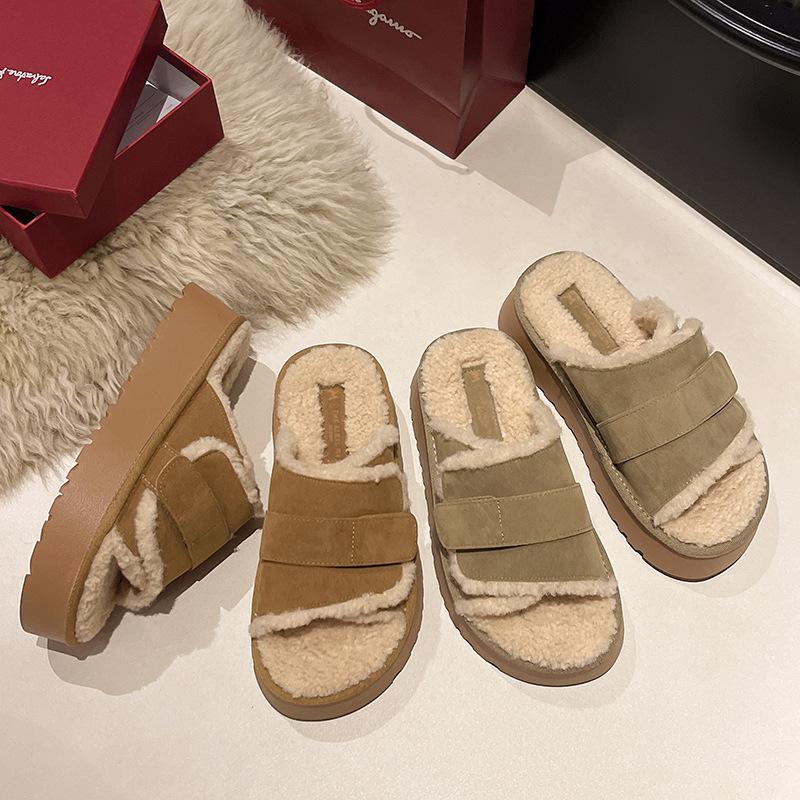 

Velcro Birkenstock fluffy slippers for women s winter wear velvet foreign gas 2024 new thick-bottomed heightening cotton slippers 35 жёлтый