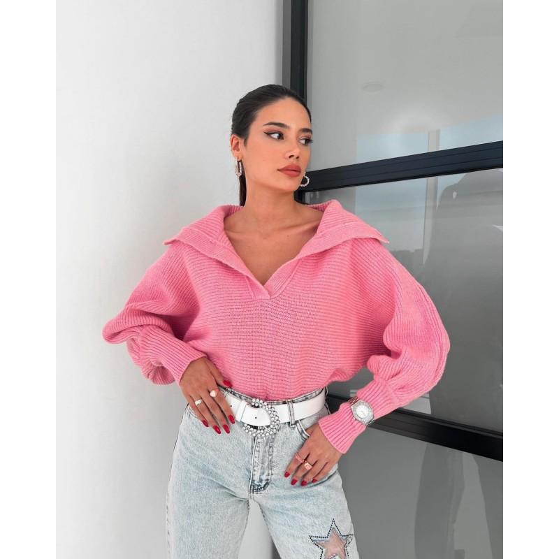 Womens Fall Winter Loose Lantern Sleeve Collared Pullover Short Sweater