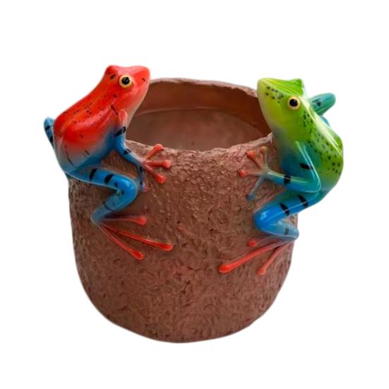 Пластиковый цветочный горшок с 2 лягушками на ободке Декоративный цветочный горшок с дренажом красный
