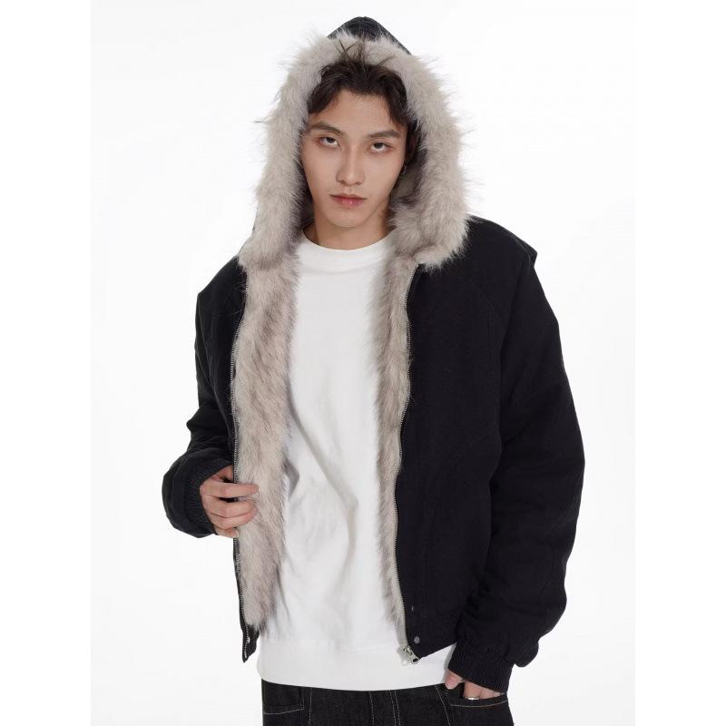 Unisex Retro Deconstructed Silhouette Fur Collar Hooded Jacket for Autumn/Winter