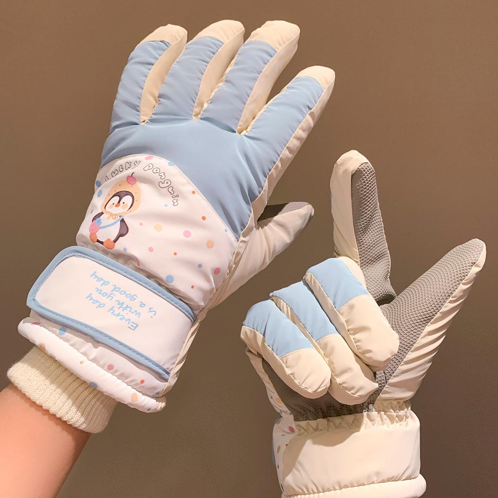Cute Little Penguin Ski Gloves Girls Fleece Thickened Warm Cold Windproof Waterproof Battery Car