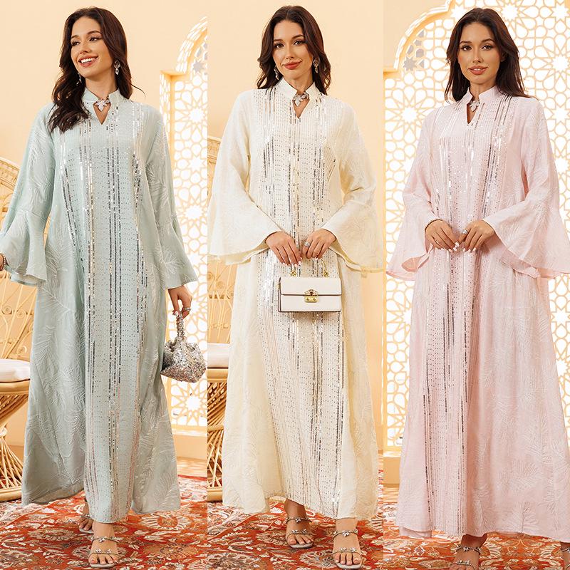 Elegant Sequin Embroidered Muslim Women's Robe - Middle Eastern Style Long Dress