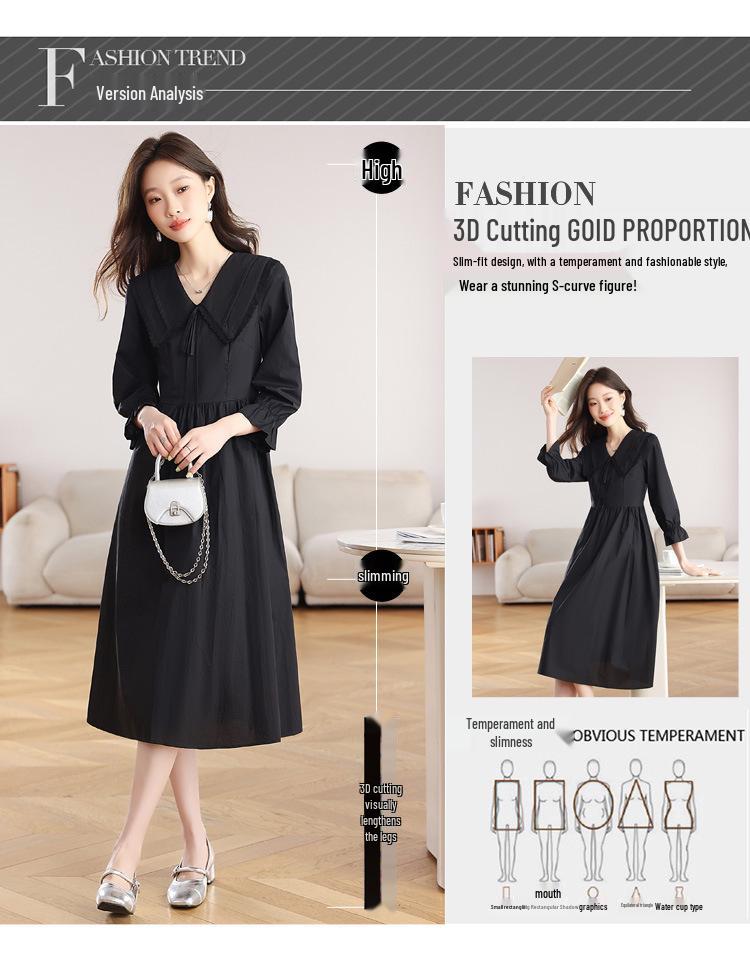 Elegantes Schwarz-Langes Kleid im Hepburn-Stil für den frühen Herbst mit Taillenbetonung