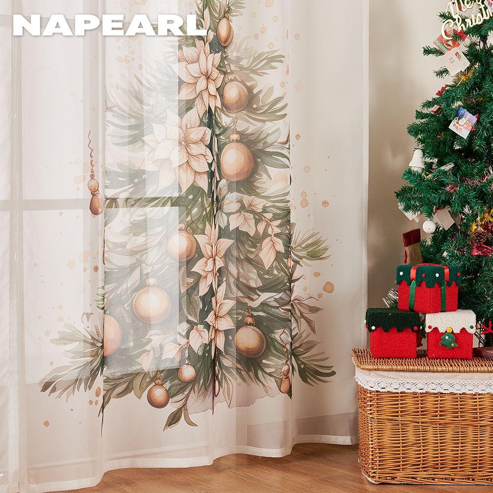 1PC NAPEARL Christmas Style Sheer Curtains Christmas Tree Pattern Printed Tulle for Kitchen Bedroom and Living Room Home Decor