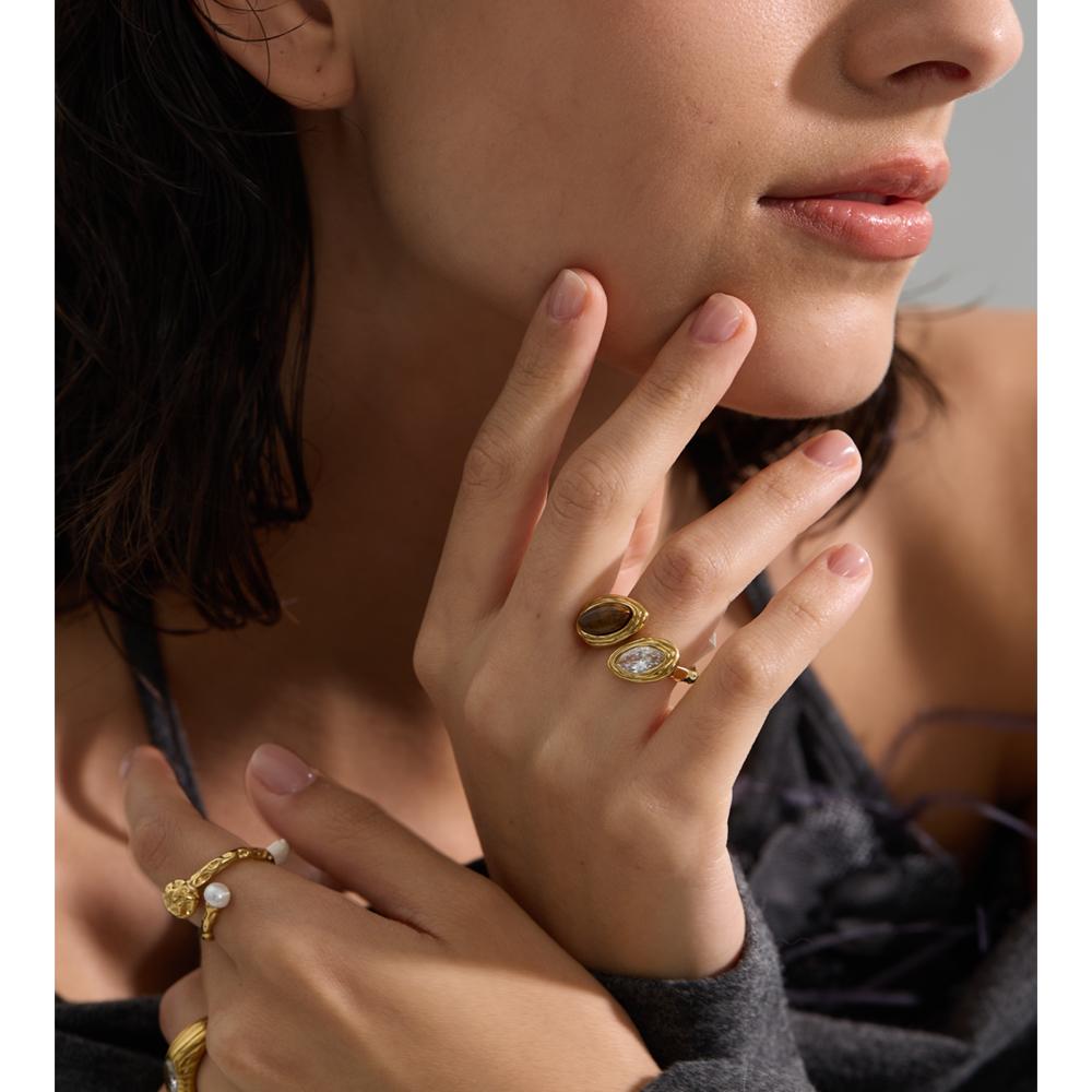 Adjustable Stainless Steel Ring Natural Tiger Stone Simulated Pearls Zircon Golden PVD Plated Premium Chic Finger Jewelry