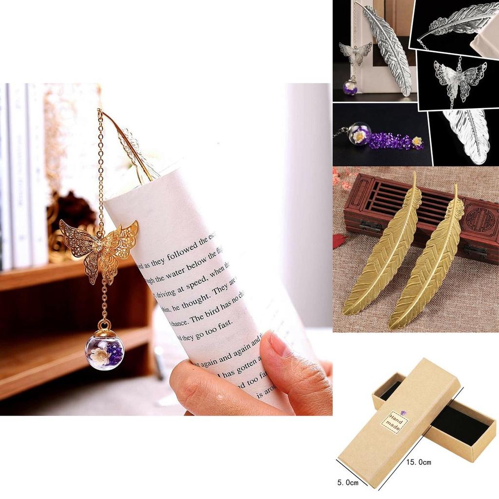 Vintage Metal Butterfly Feather Bookmark With Realistic 3d Pendant