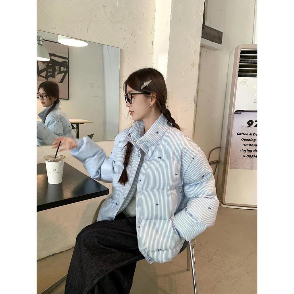 Wind striped bow cotton clothes winter new design sense versatile thickened warm jacket blue tide