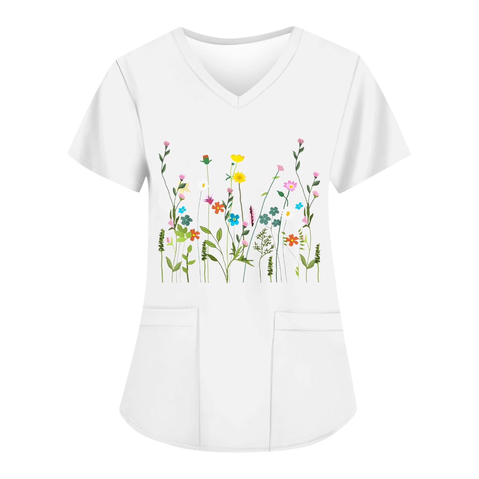 

Жіночі модні робочі футболки з принтом і V-подібним вирізом з короткими рукавами та кишенями M білий