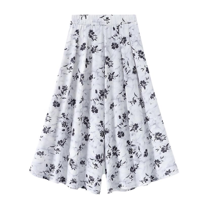 Women's Printed Elastic Waist Cropped Wide-Leg Pants