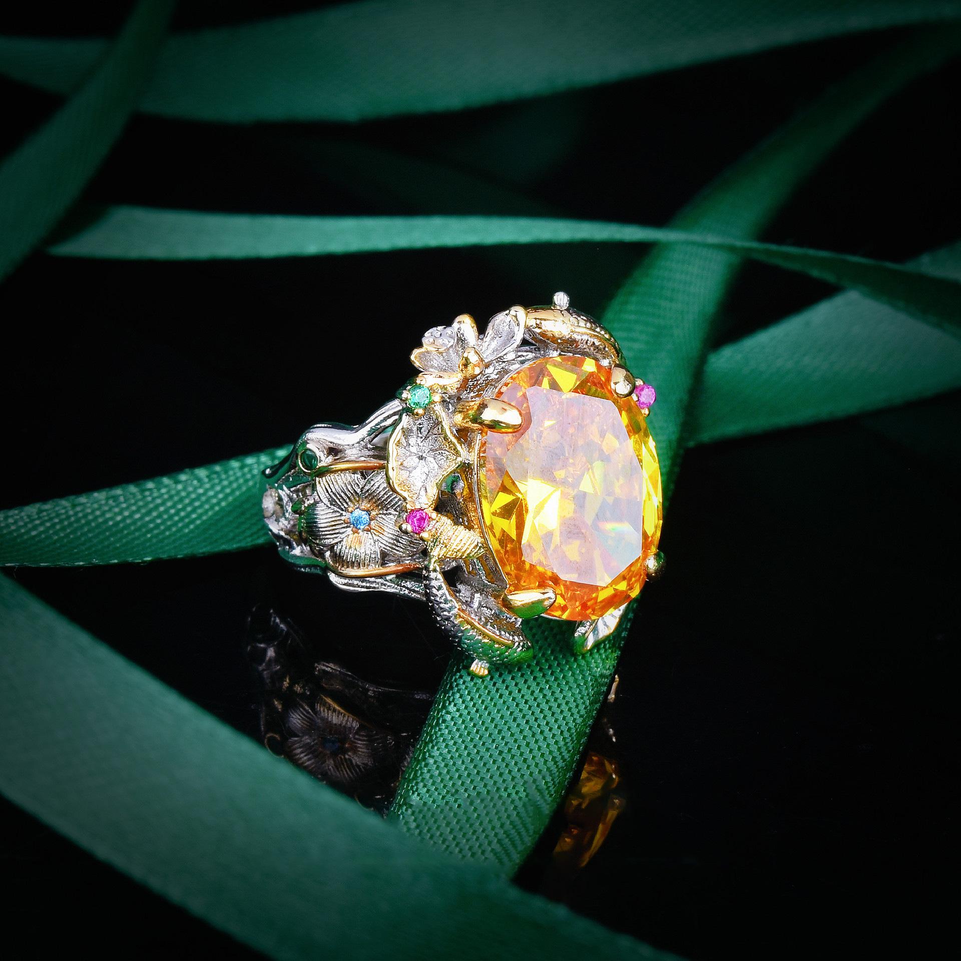 

Bright Yellow Diamond Lotus Leaf Pisces Play Lotus Ring Set Luxury Colored Treasure Koi Fish Necklace Earrings Female