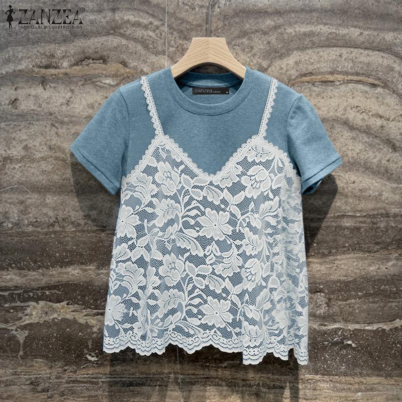 ZANZEA Women Lace Patchwork Casual Round Neck Short Sleeve T-Shirt