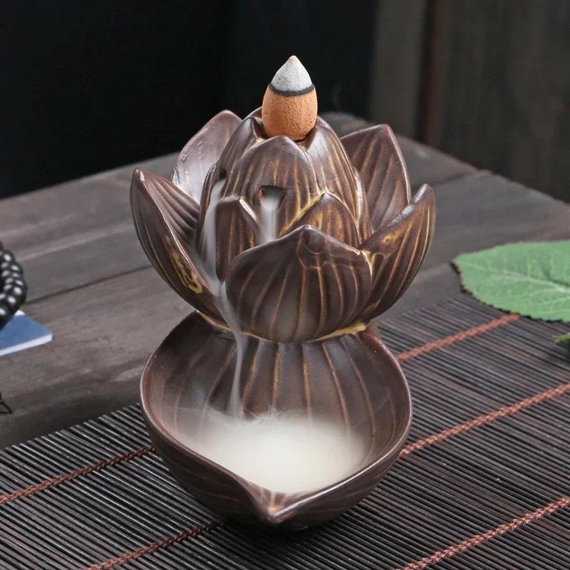 Antique Lotus Backflow Incense Burners Ceramic Aromatherapy Waterfall Incense Burners Creative Ceramic Ornaments