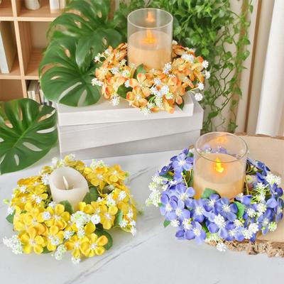 Artificial Wildflowers Candle Ring Wreath Small Flowers Pillar Candle Holder for Farmhouse Spring Wedding Home Tabletop Decoration