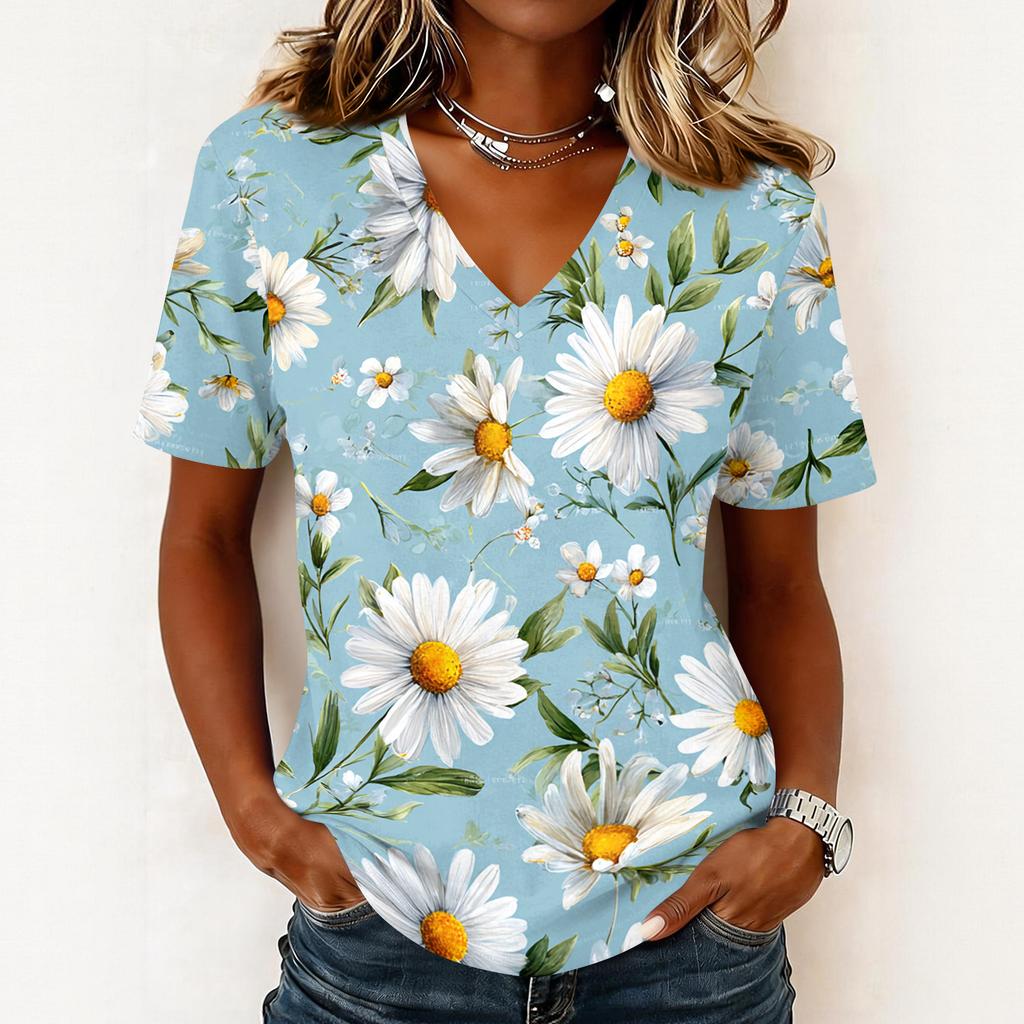 Women's fashionable casual short-sleeved floral print V-neck pullover top