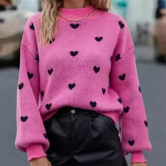 Women's European & American Autumn/Winter Heart Knit Pullover - Long Sleeve, Round Neck, Casual Style