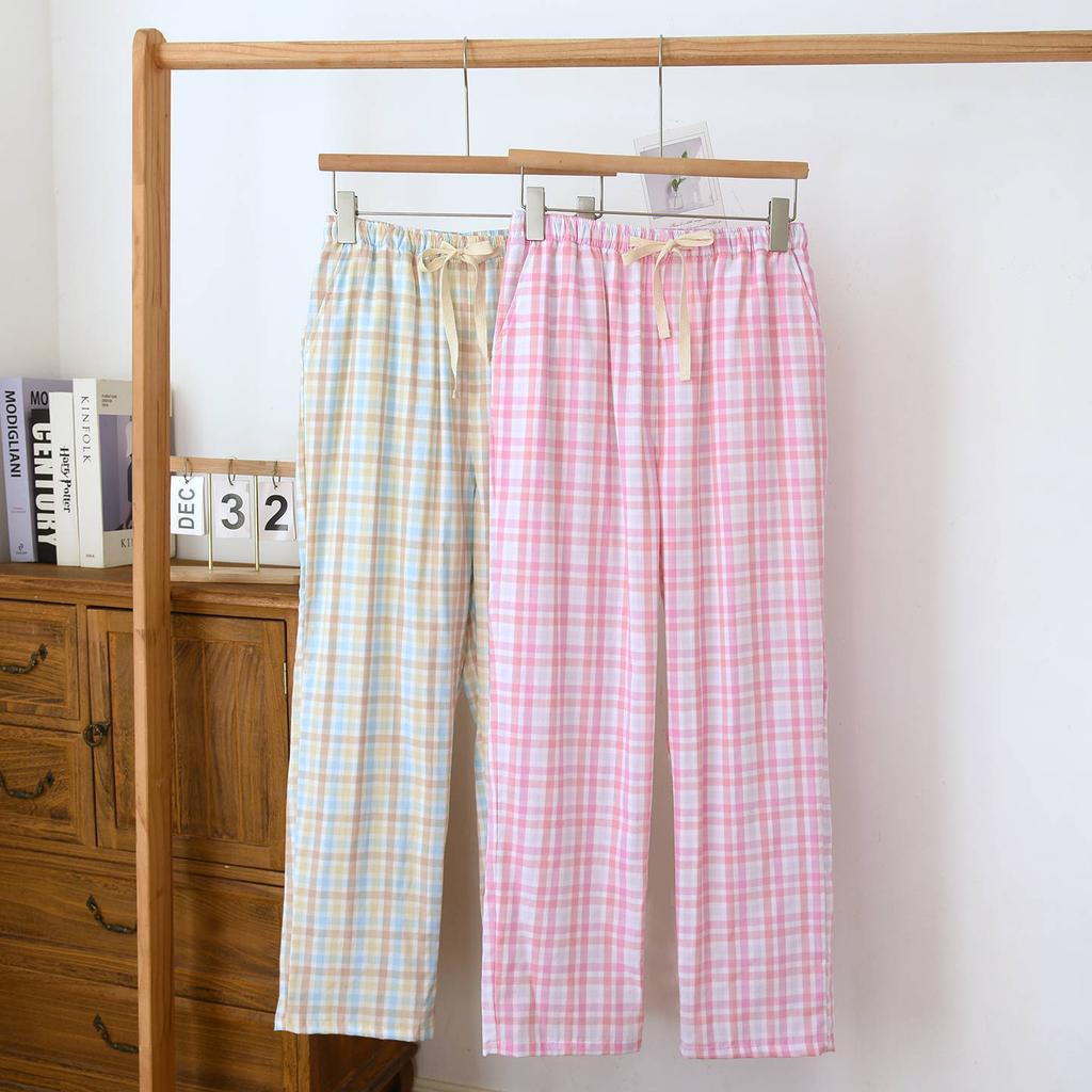 2026 Neue Frühjahr/Sommer Damen Schlafanzughose 100% Baumwolle Musselin Hose Kariert Lässig Locker Hausanzug Hose