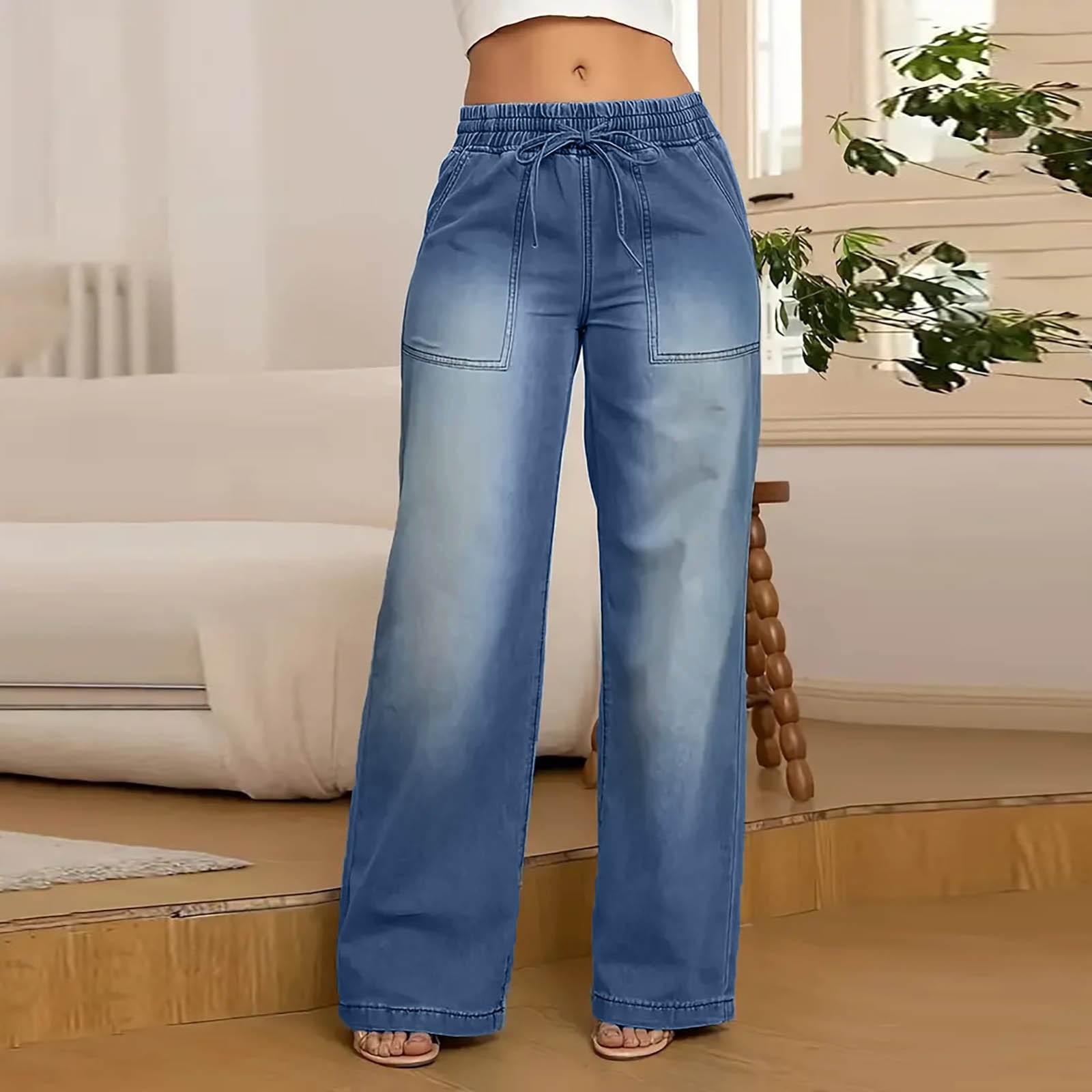 

Женская мода Свободный Повседневный Тренд Широкие Джинсы Женские Брюки Прямого Кроя с Завышенной Талией XXL синий