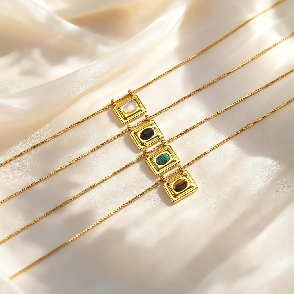 Zierliches Naturstein Opal Halskette für Damen, Edelstahl Geometrisches Quadrat Schiebe Anhänger Halskette, Minimalistisch Chic Schmuck