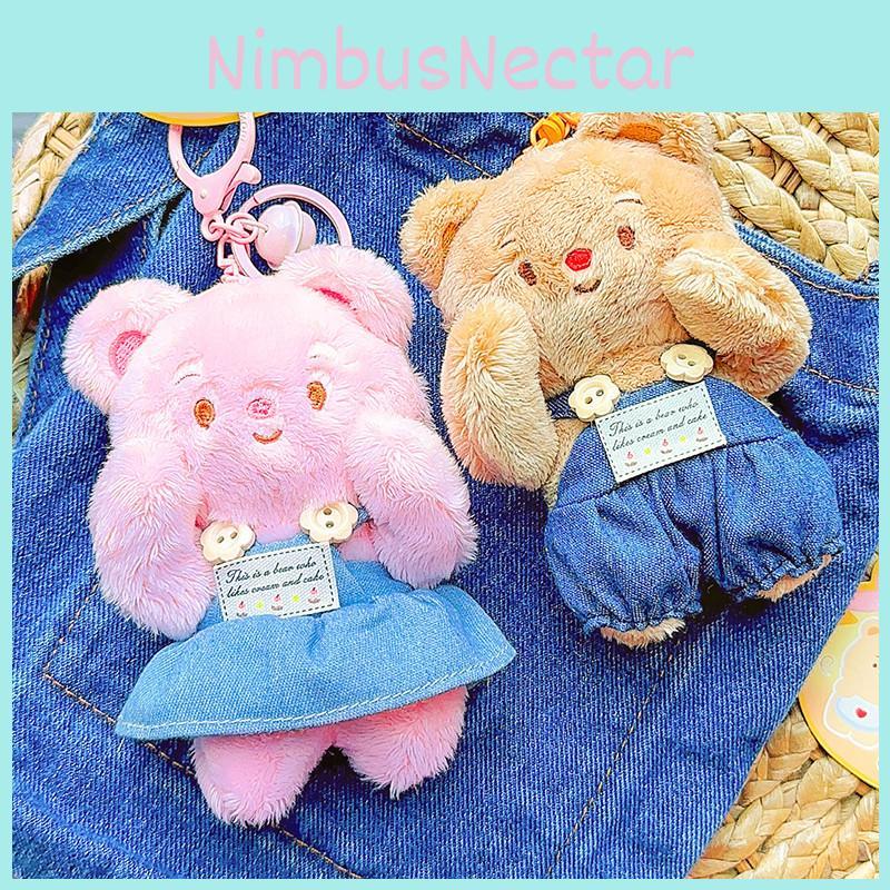 Cream Jinnew Lovely Bear Plush Keychain With Denim Overalls For Collectible Gifts
