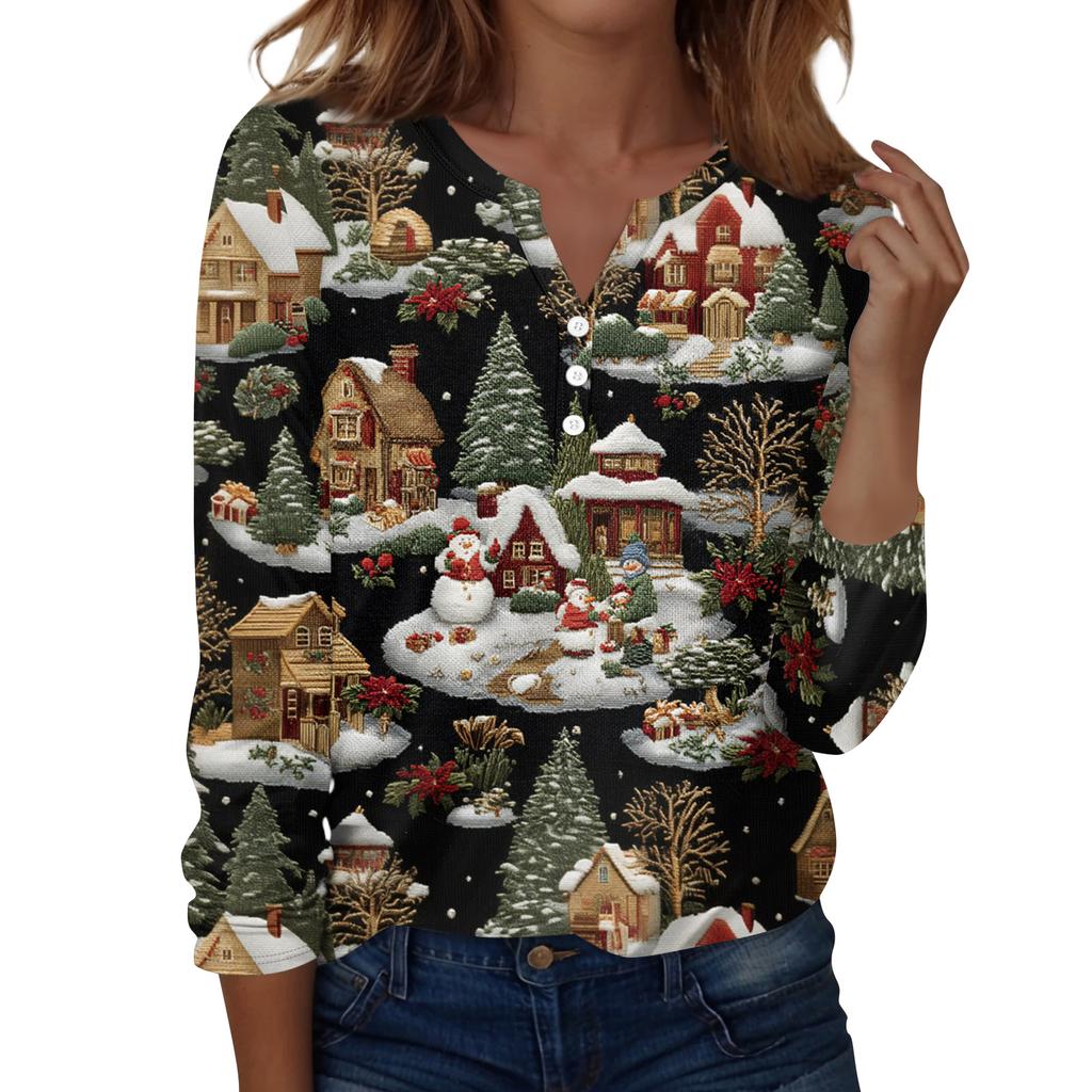 Women's Fashion Casual H Printed V-Neck Long Sleeve Decorative Button T-Shirt Tops