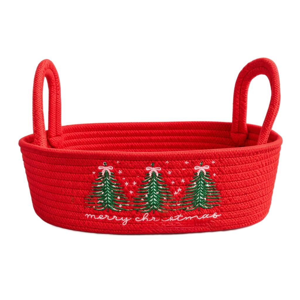 Christmas Tree Embroidered Cotton Rope Storage Basket with Handles, Basket and for Baby Toys and Home Clutter