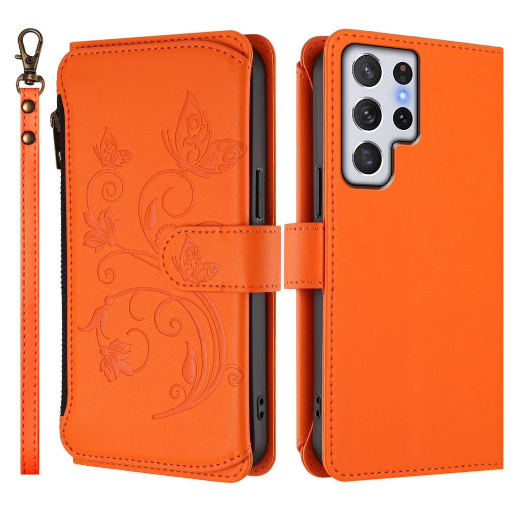 For Samsung Galaxy S23 S22 S21 S20 Ultra S10 Plus Case, Flower Wallet Flip Case RFID Blocking, Zipper, Card Slots, Wrist Strap