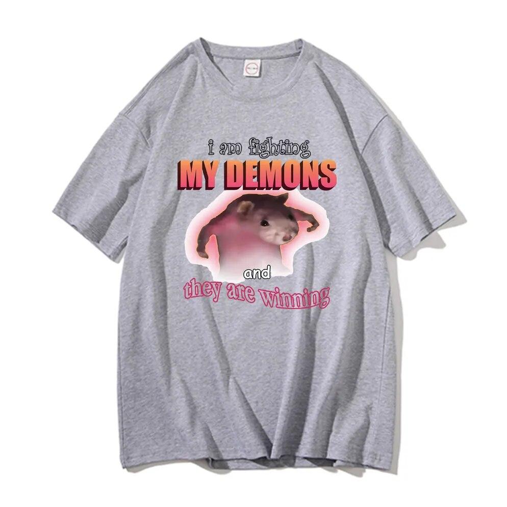 Funny I Am Fighting My Demons and They Are Winning T Shirts Women Casual Loose Tshirt Cute Kawaii Mouse Meme Graphic Unisex T-shirt