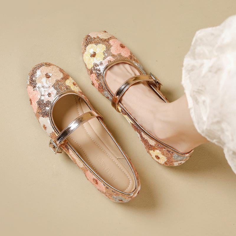 Fashion Designer Paillette Flower Ballets Shoes Ladies Belt Buckle Mary Janes Woman Soft Soled Flats Loafers Traf Gold Ballerinas Femme